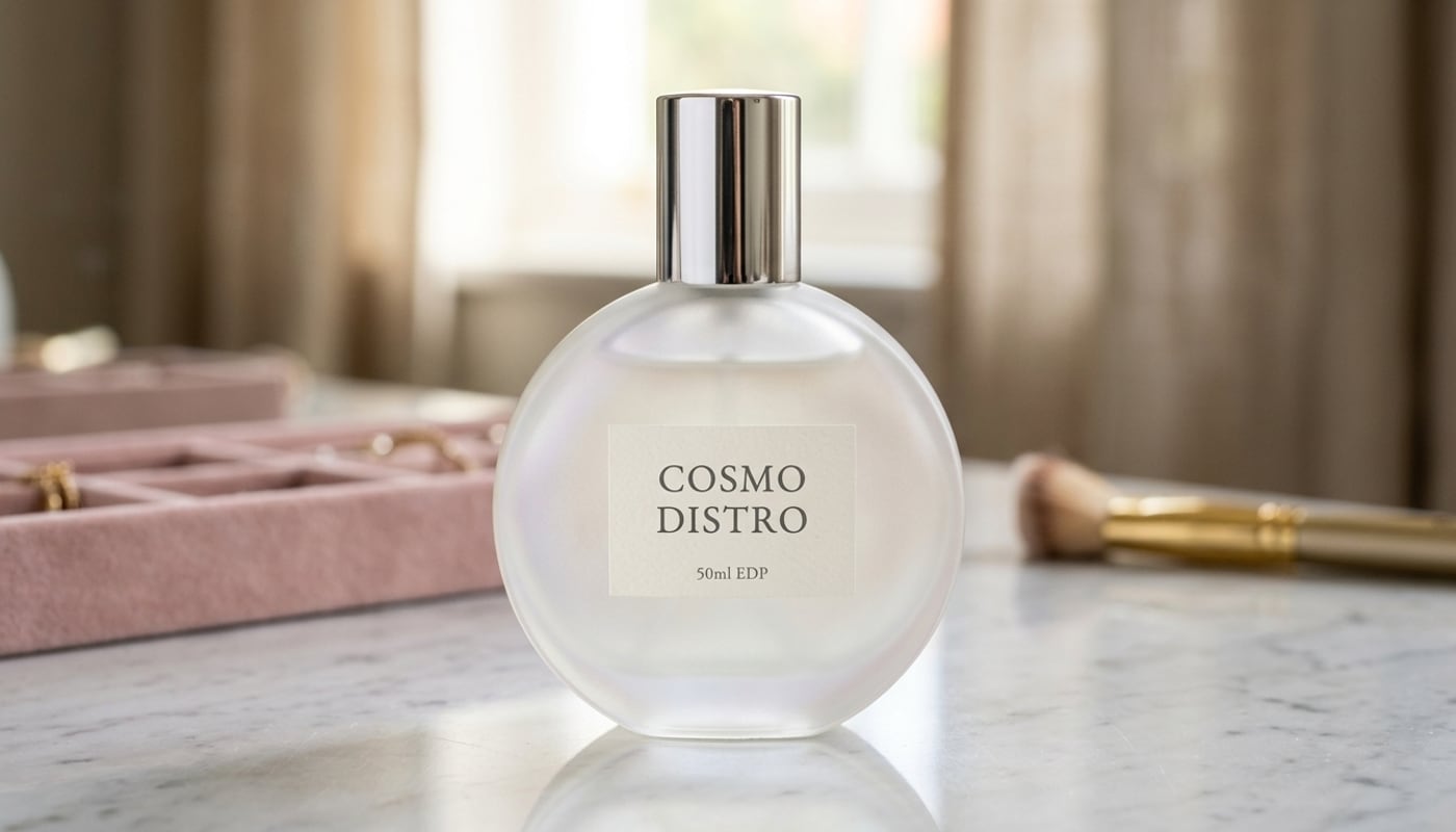 Cosmo Distro fragrance on a dressing table
